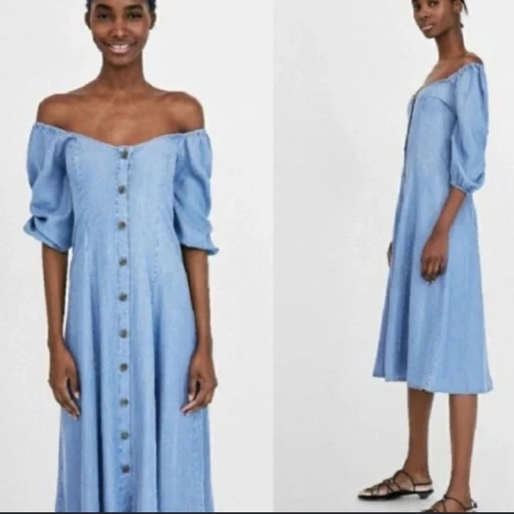 Zara Blue Midi Button Front Lyocell Dress - Picture 3 of 13